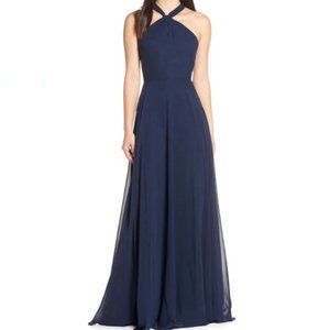 Jenny Yoo Navy Halle Halter Neck Chiffon Formal Dress (Sz 4)